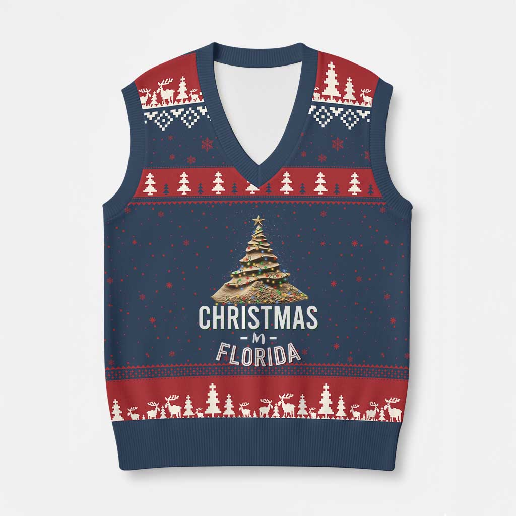 Xmas In Florida V-Neck Knit Sweater Vest Sand Xmas Tree Lights Family Vacation TS02 Navy Red Print Your Wear