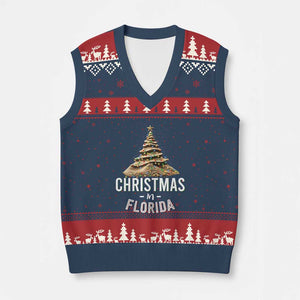 Xmas In Florida V-Neck Knit Sweater Vest Sand Xmas Tree Lights Family Vacation TS02 Navy Red Print Your Wear