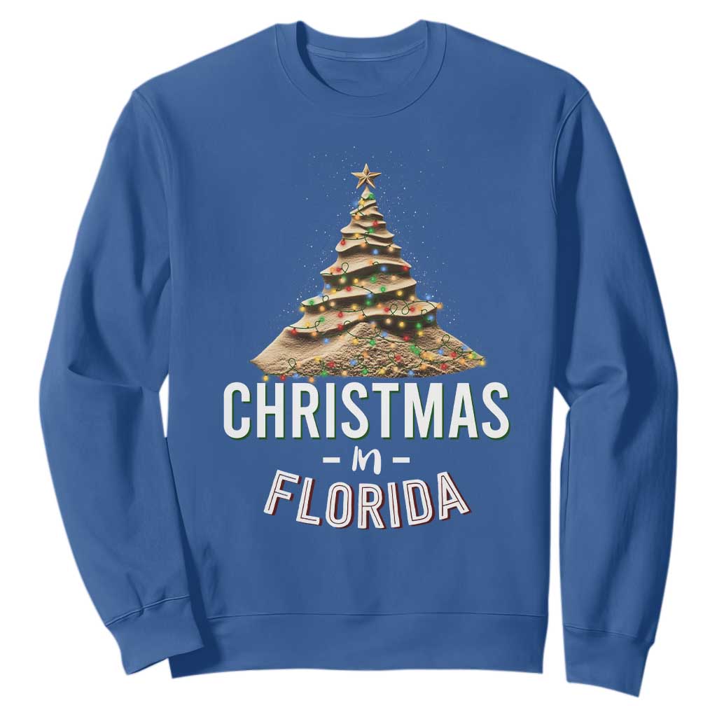 Christmas In Florida Sweatshirt Sand Xmas Tree Lights Family Vacation TS02 Royal Blue Print Your Wear