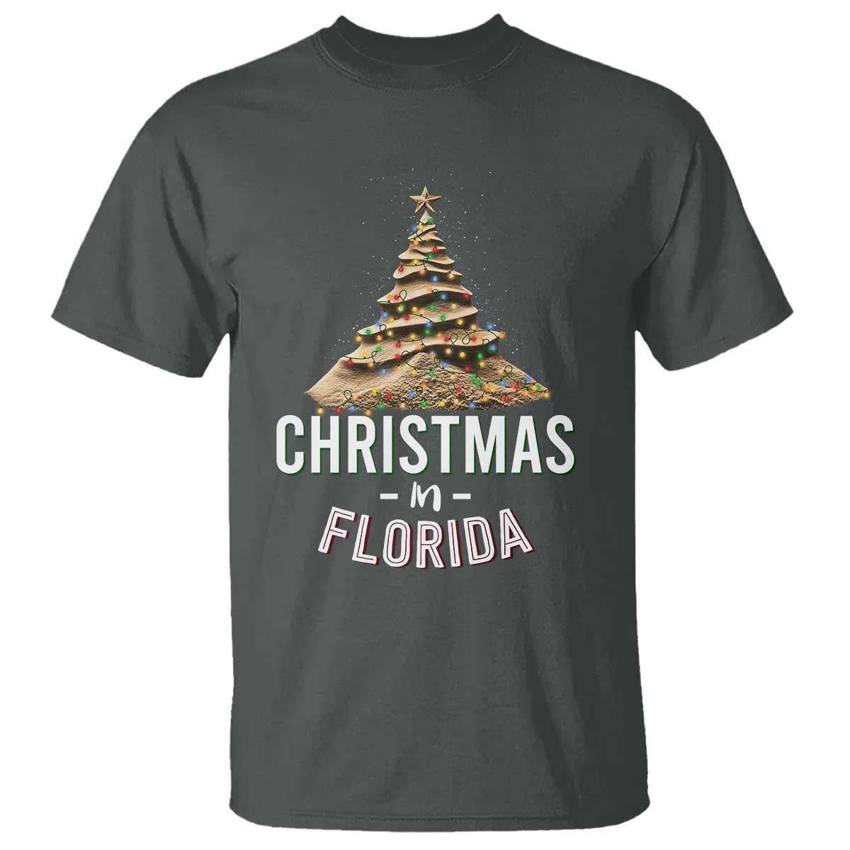 Christmas In Florida T Shirt Sand Xmas Tree Lights Family Vacation TS02 Dark Heather Print Your Wear
