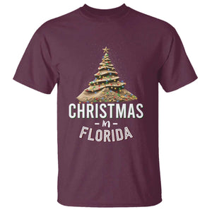 Christmas In Florida T Shirt Sand Xmas Tree Lights Family Vacation TS02 Maroon Print Your Wear