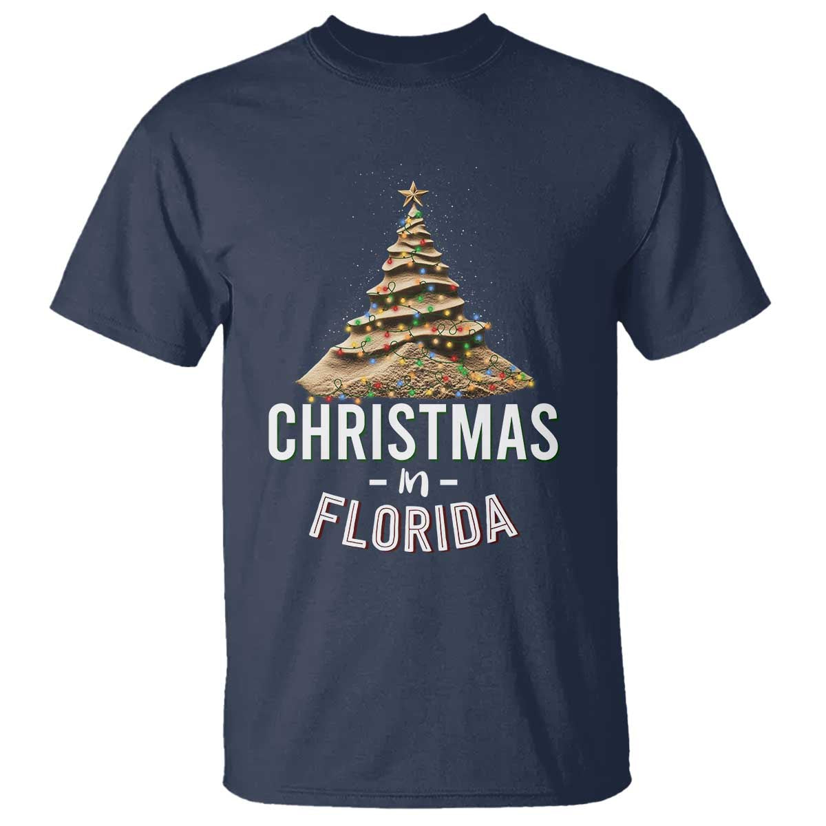Christmas In Florida T Shirt Sand Xmas Tree Lights Family Vacation TS02 Navy Print Your Wear