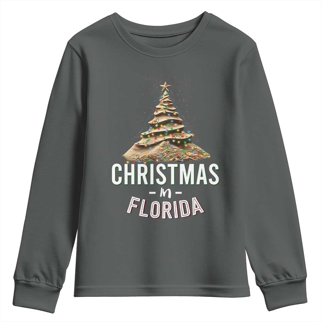 Christmas In Florida Youth Sweatshirt Sand Xmas Tree Lights Family Vacation TS02 Dark Heather Print Your Wear