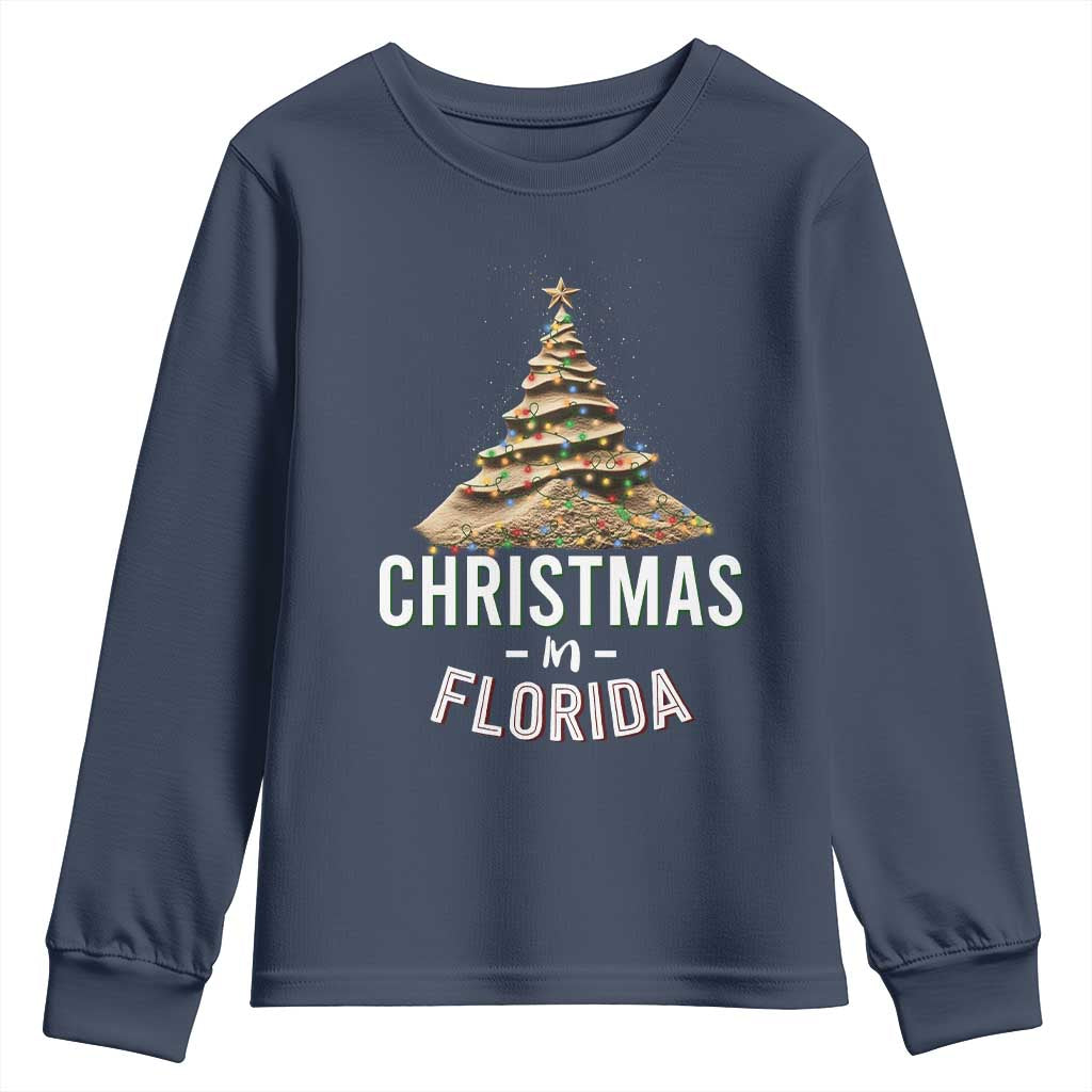 Christmas In Florida Youth Sweatshirt Sand Xmas Tree Lights Family Vacation TS02 Navy Print Your Wear