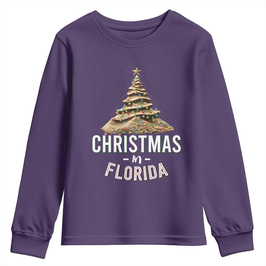 Christmas In Florida Youth Sweatshirt Sand Xmas Tree Lights Family Vacation TS02 Purple Print Your Wear