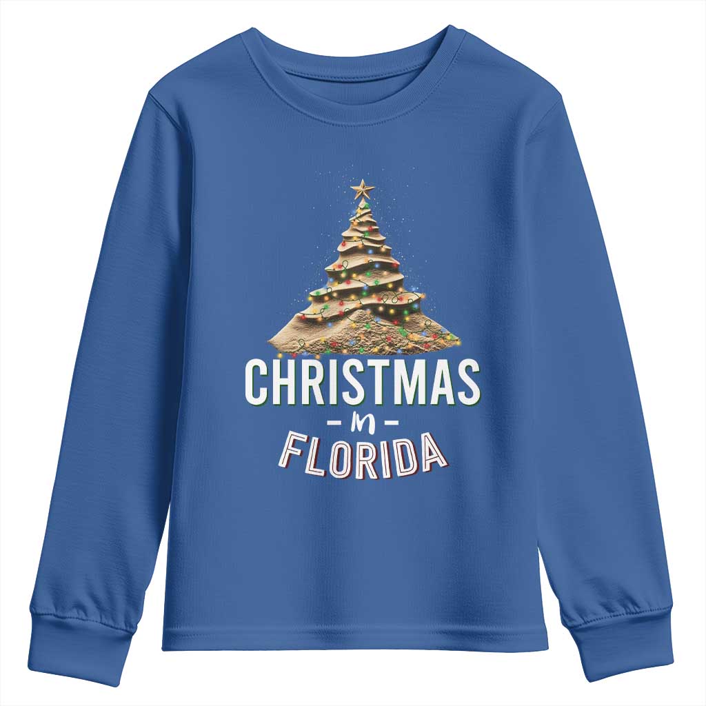 Christmas In Florida Youth Sweatshirt Sand Xmas Tree Lights Family Vacation TS02 Royal Blue Print Your Wear