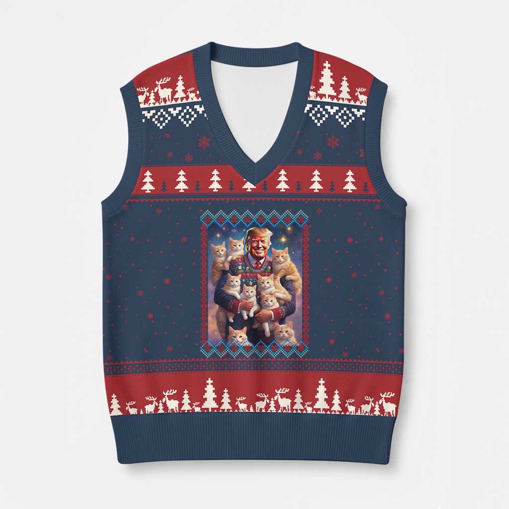 Xmas Trump With Cats V-Neck Knit Sweater Vest Cat For Trump Xmas Ugly Sweater TS02 Navy Red Print Your Wear
