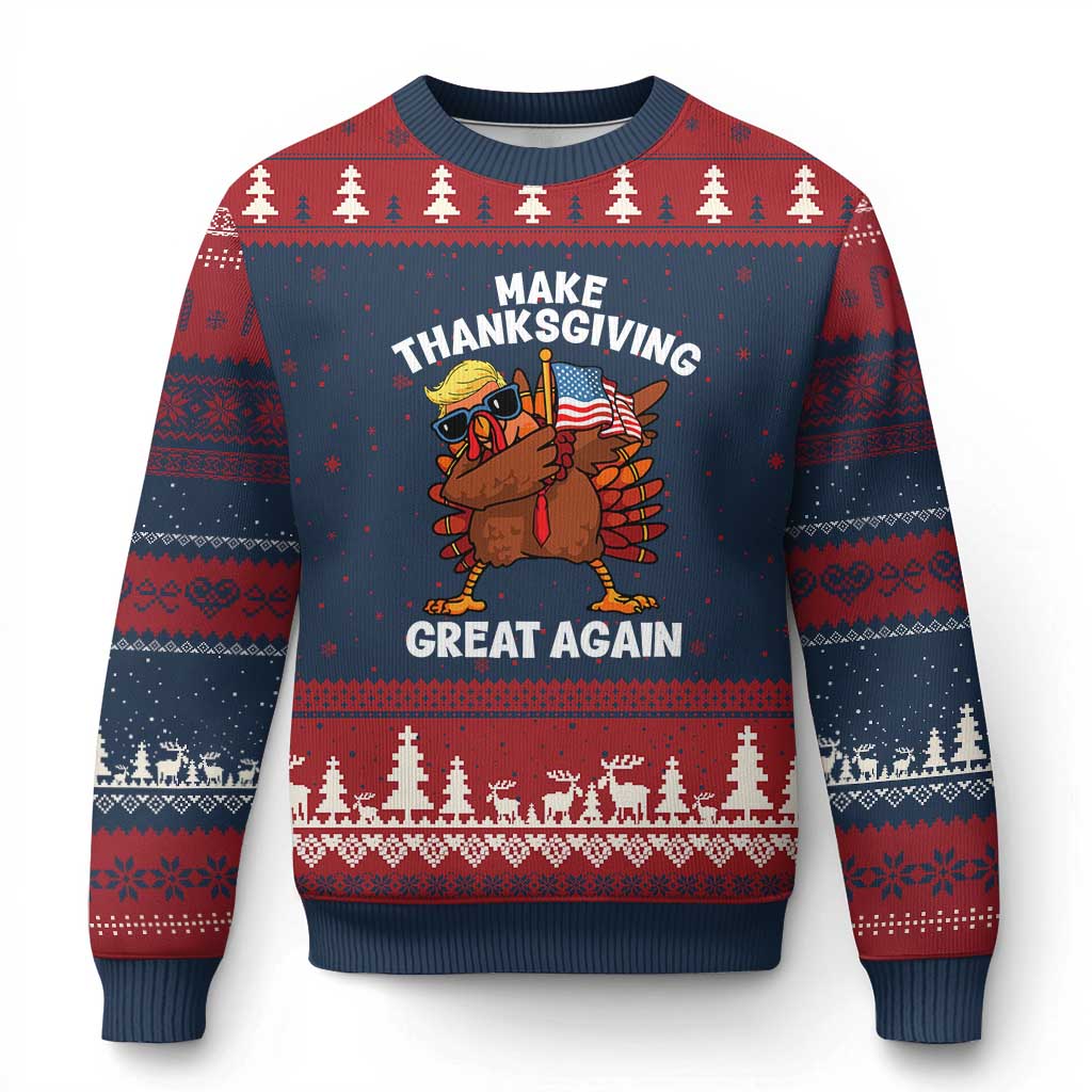 Make Thanksgiving Great Again Ugly Christmas Sweater Dabbing Turkey Trump American Flag TS02 Navy Red Print Your Wear