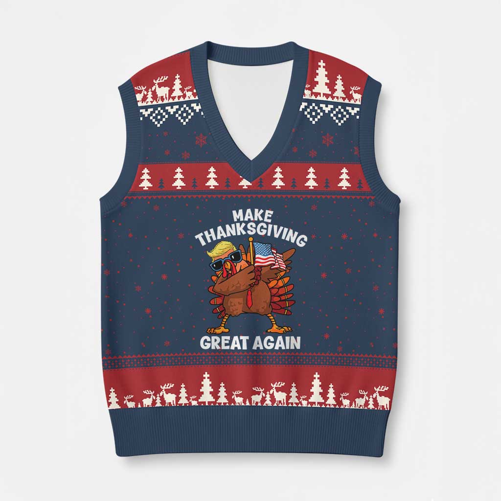Make Thanksgiving Great Again V-Neck Knit Sweater Vest Dabbing Turkey Trump American Flag TS02 Navy Red Print Your Wear