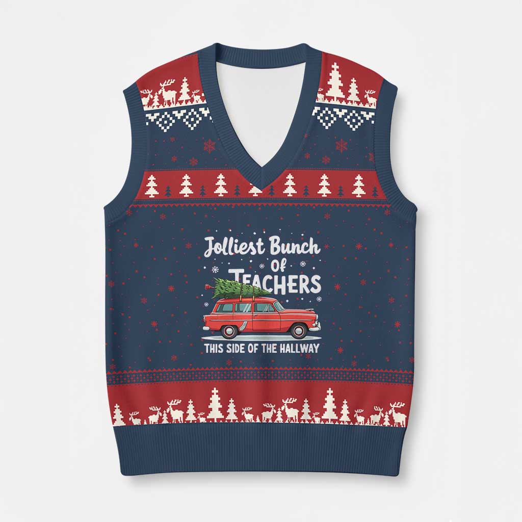 Funny Xmas Teacher V-Neck Knit Sweater Vest Jolliest Bunch Of Teachers This Side Of The Hallway Xmas PJ Gift TS02 Navy Red Print Your Wear
