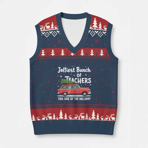 Funny Xmas Teacher V-Neck Knit Sweater Vest Jolliest Bunch Of Teachers This Side Of The Hallway Xmas PJ Gift TS02 Navy Red Print Your Wear