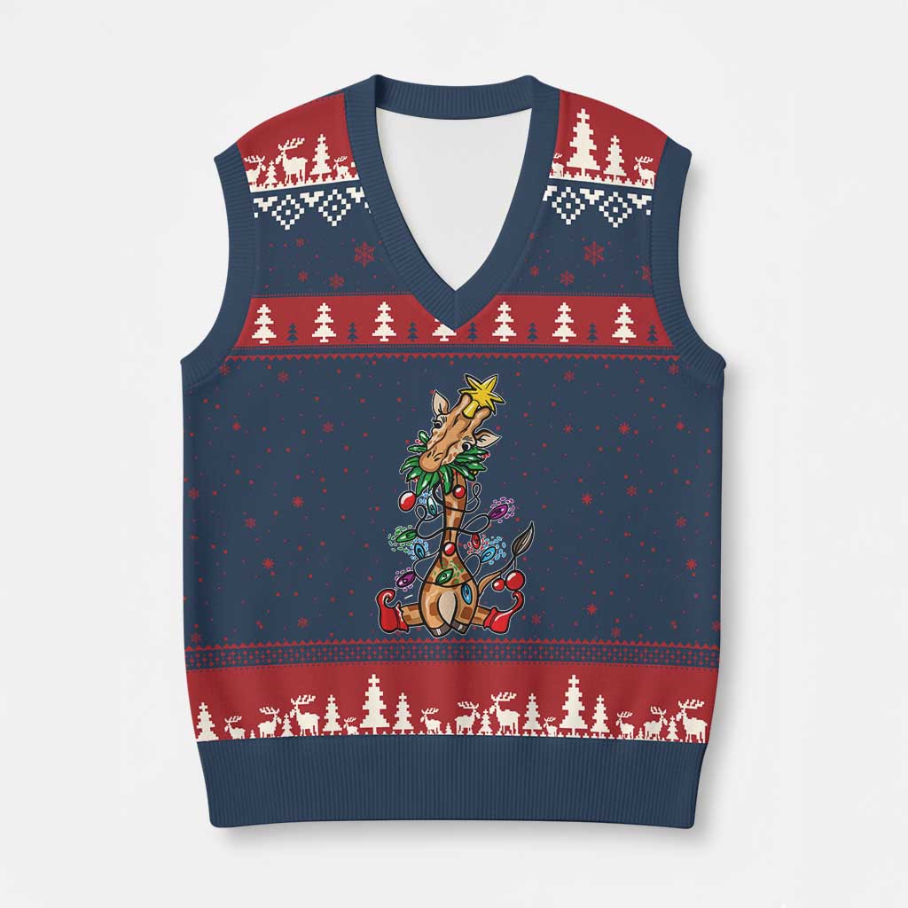 Giraffe Xmas Tree V-Neck Knit Sweater Vest Funny Xmas Giraffes Lover Gift TS02 Navy Red Print Your Wear