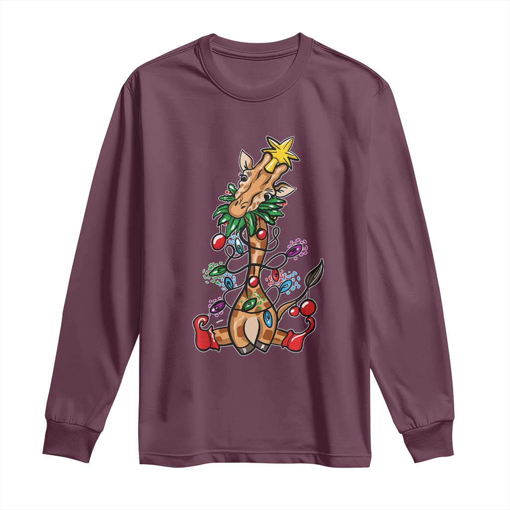 Giraffe Christmas Tree Long Sleeve Shirt Funny Xmas Giraffes Lover Gift TS02 Maroon Print Your Wear