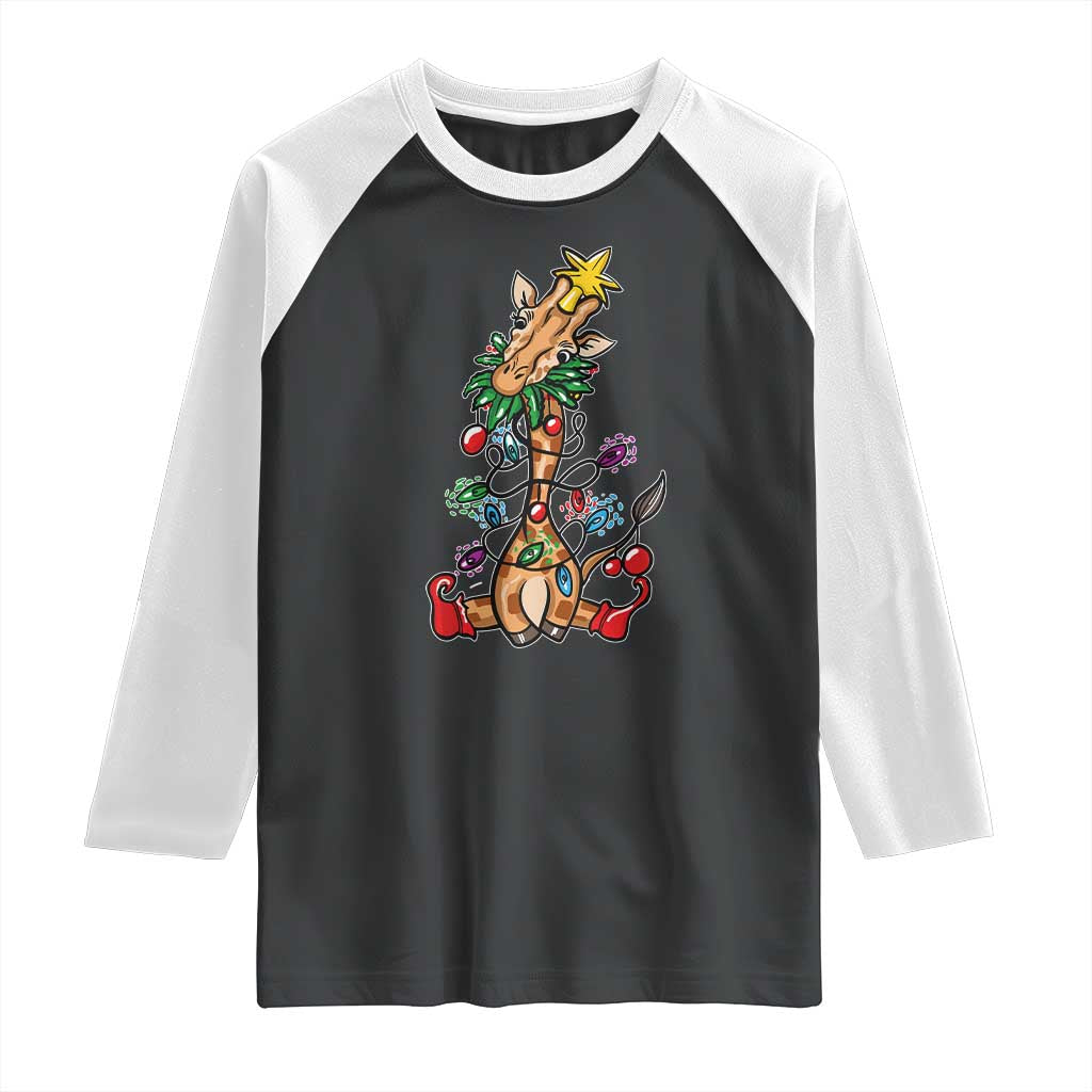 Giraffe Christmas Tree Raglan Shirt Funny Xmas Giraffes Lover Gift TS02 Black White Print Your Wear