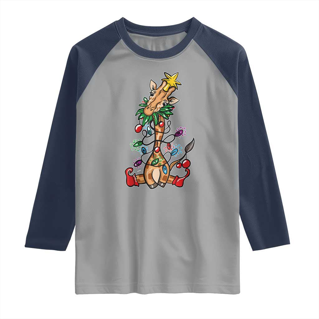 Giraffe Christmas Tree Raglan Shirt Funny Xmas Giraffes Lover Gift TS02 Sport Gray Navy Print Your Wear