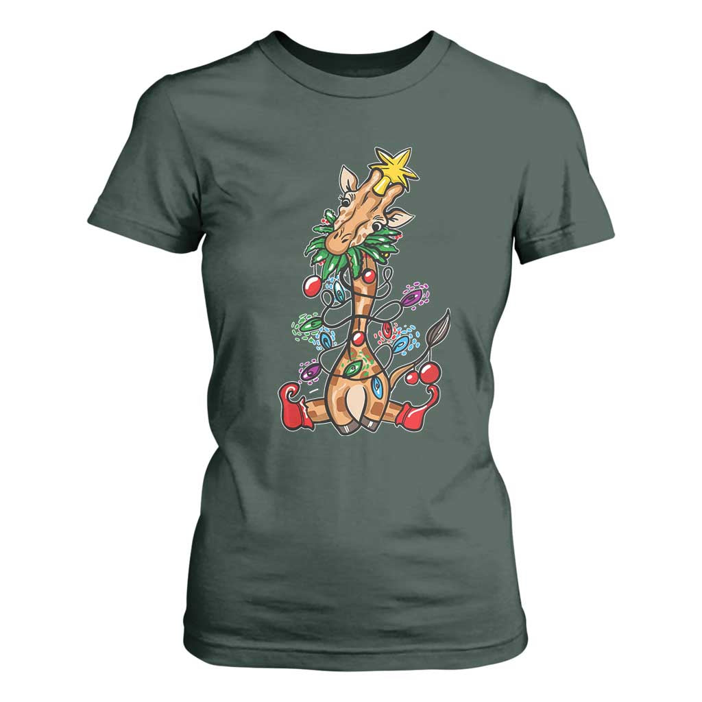 Giraffe Christmas Tree T Shirt For Women Funny Xmas Giraffes Lover Gift TS02 Dark Forest Green Print Your Wear