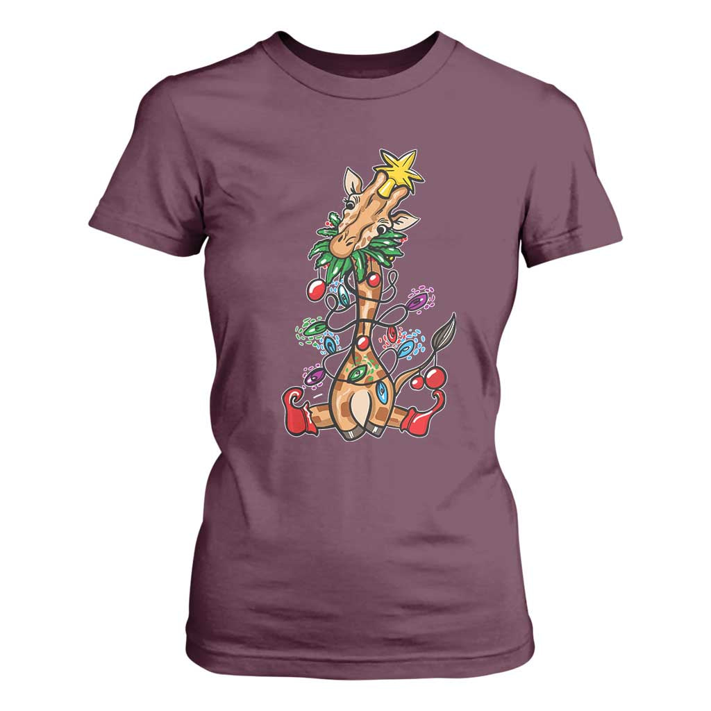Giraffe Christmas Tree T Shirt For Women Funny Xmas Giraffes Lover Gift TS02 Maroon Print Your Wear