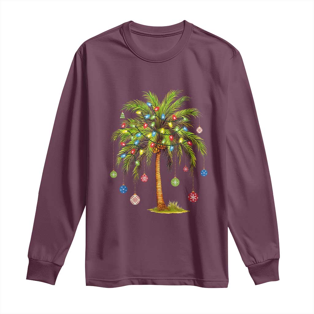 Christmas Palm Tree Long Sleeve Shirt Xmas Lights Tropical Hawaiian Holidays TS02 Maroon Print Your Wear