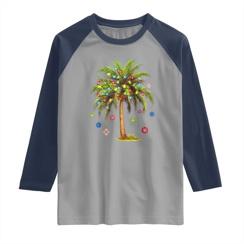 Christmas Palm Tree Raglan Shirt Xmas Lights Tropical Hawaiian Holidays TS02 Sport Gray Navy Print Your Wear
