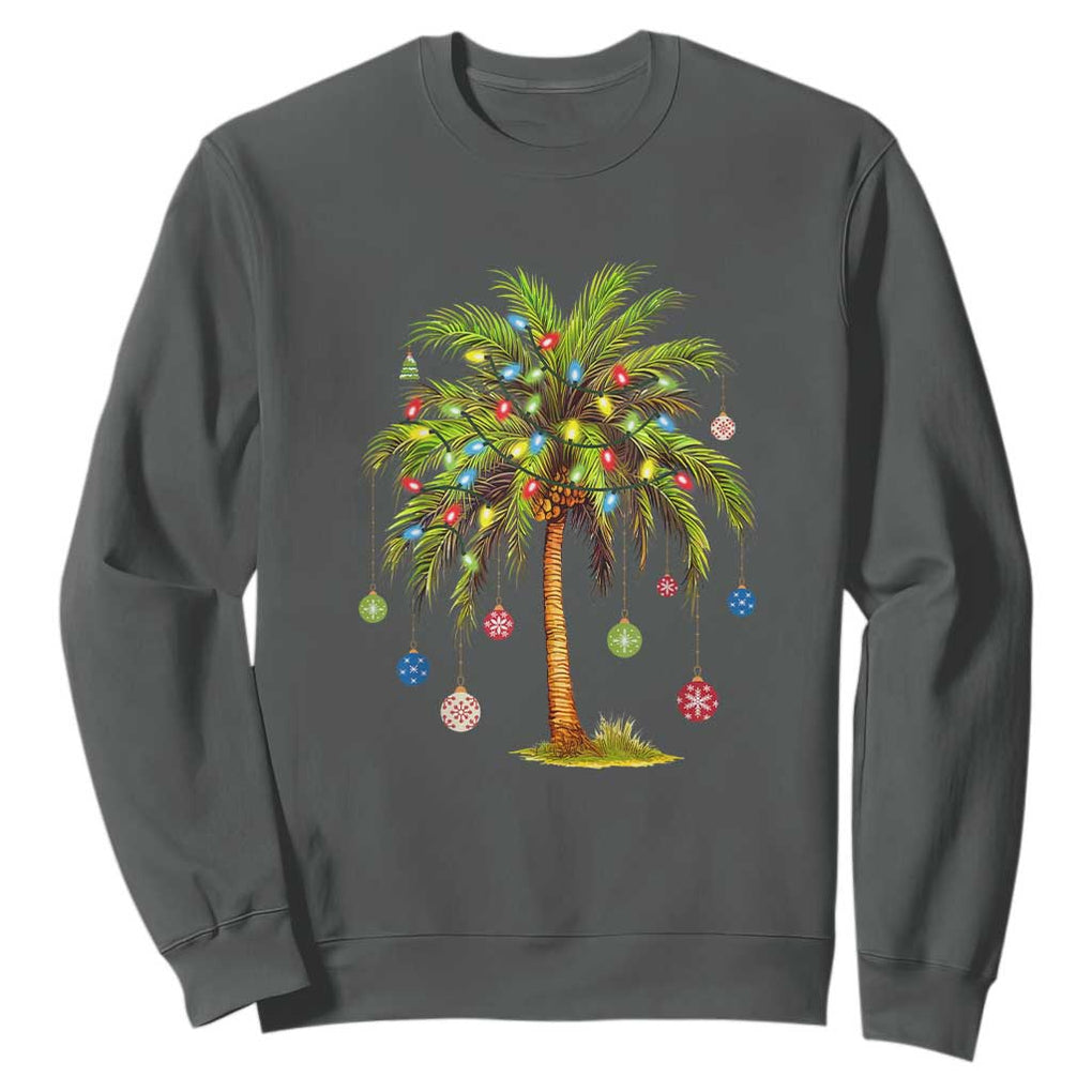 Christmas Palm Tree Sweatshirt Xmas Lights Tropical Hawaiian Holidays TS02 Dark Heather Print Your Wear