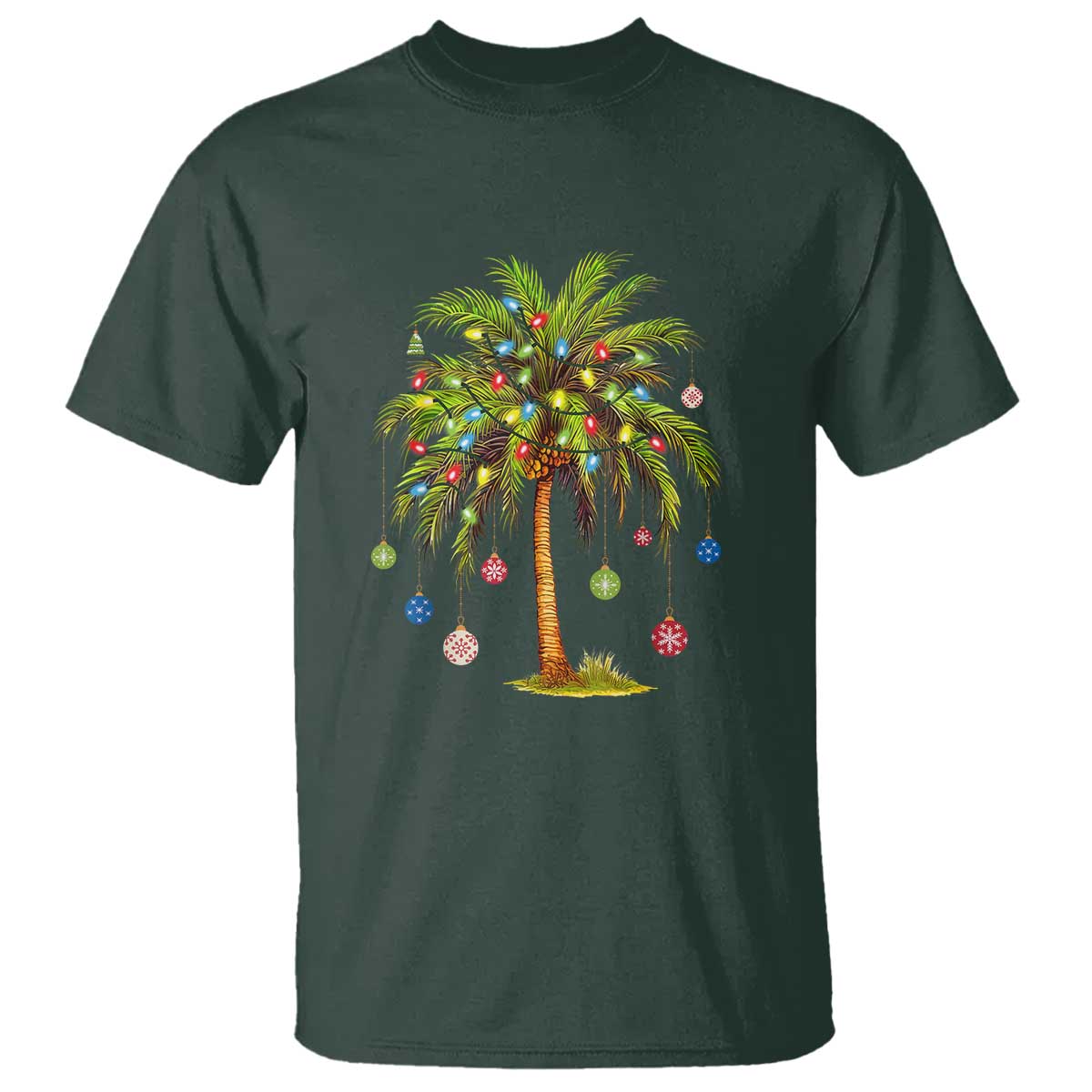 Christmas Palm Tree T Shirt Xmas Lights Tropical Hawaiian Holidays TS02 Dark Forest Green Print Your Wear
