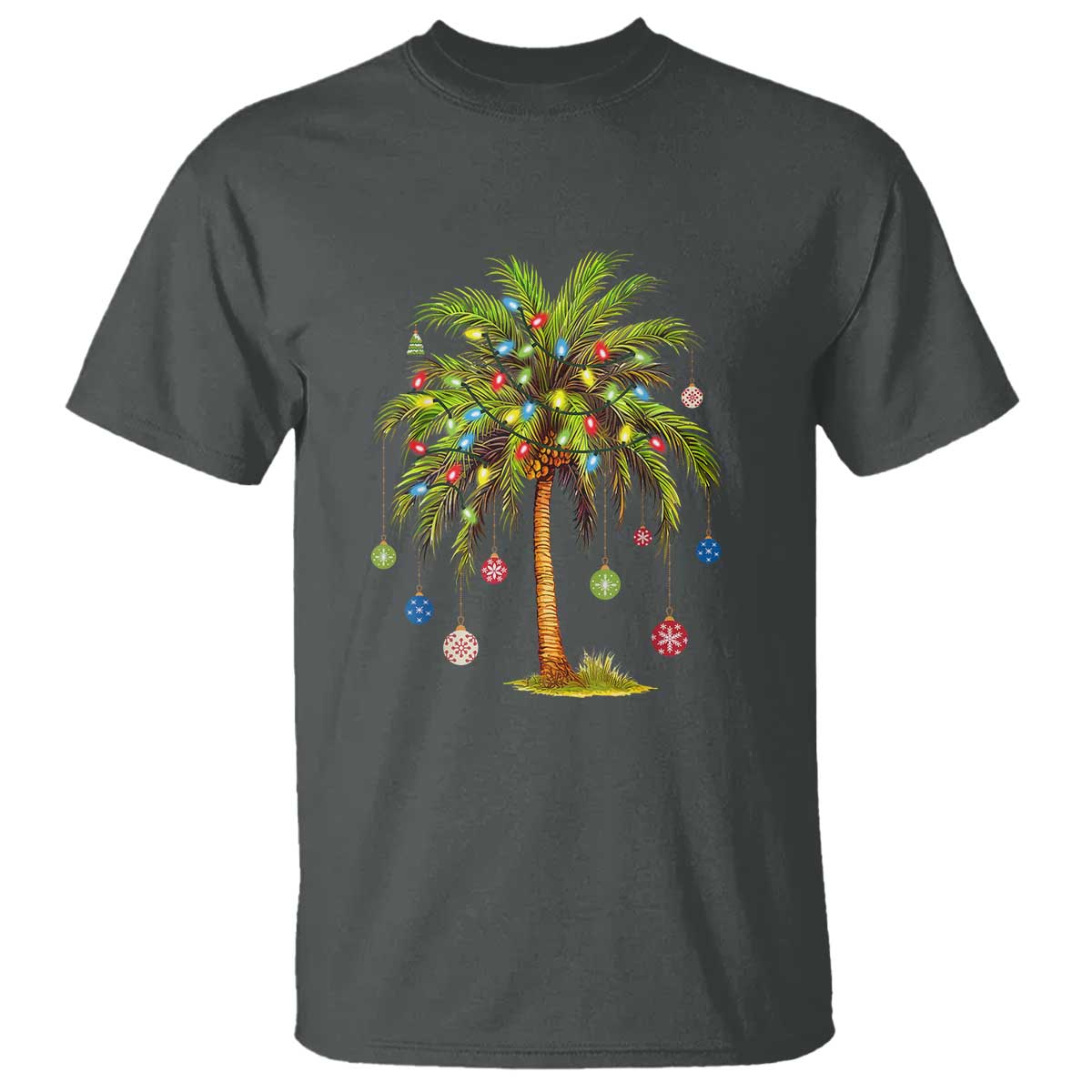 Christmas Palm Tree T Shirt Xmas Lights Tropical Hawaiian Holidays TS02 Dark Heather Print Your Wear