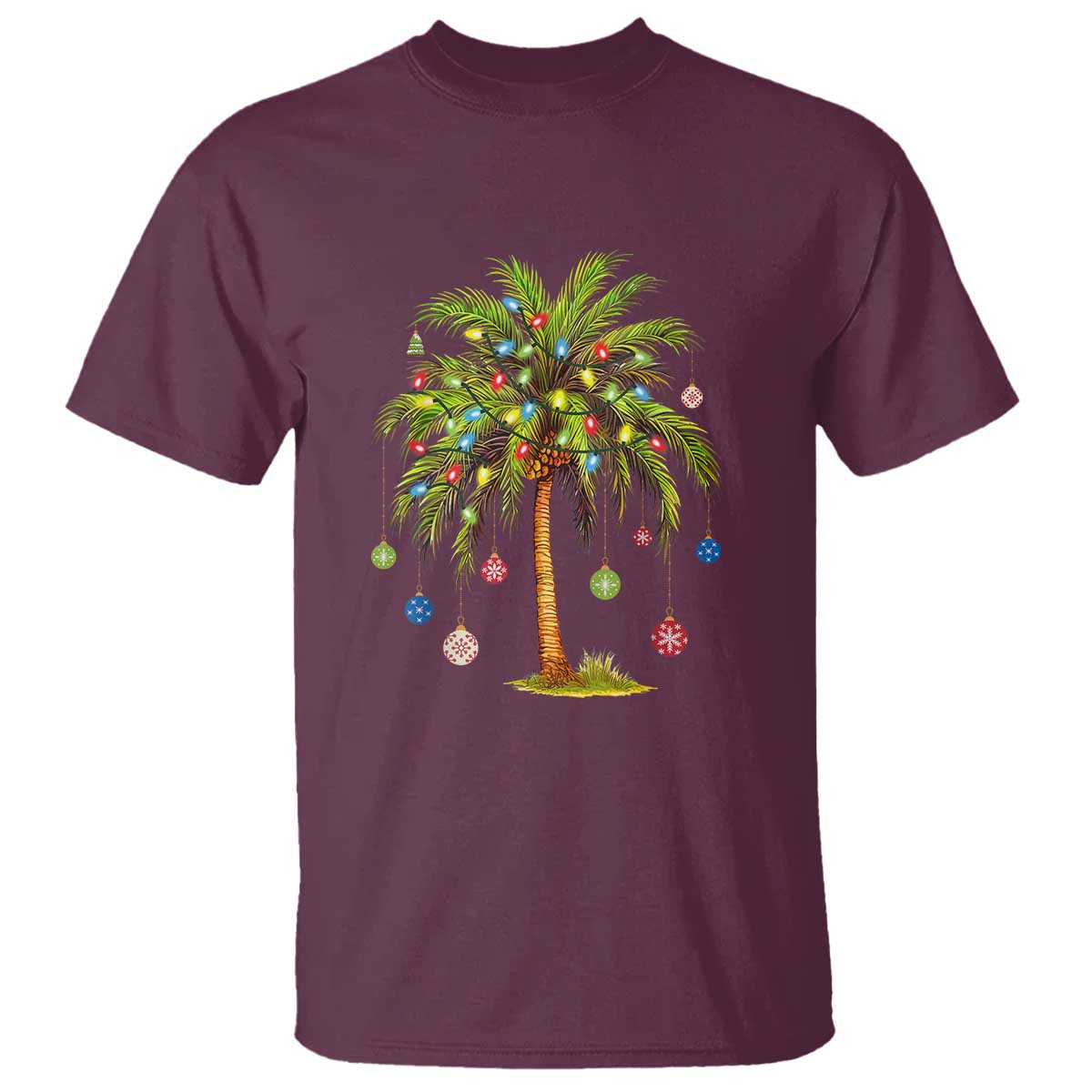 Christmas Palm Tree T Shirt Xmas Lights Tropical Hawaiian Holidays TS02 Maroon Print Your Wear