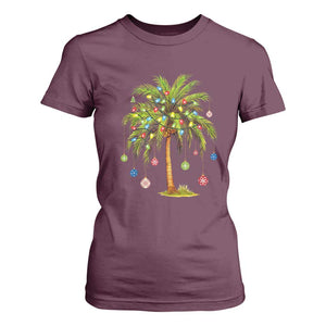 Christmas Palm Tree T Shirt For Women Xmas Lights Tropical Hawaiian Holidays TS02 Maroon Print Your Wear