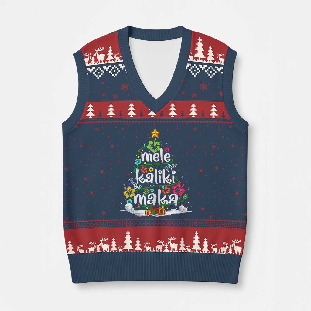 Tropical Hawaiian Xmas V-Neck Knit Sweater Vest Mele Kalikimaka Palm Tree Xmas in Hawaii TS02 Navy Red Print Your Wear