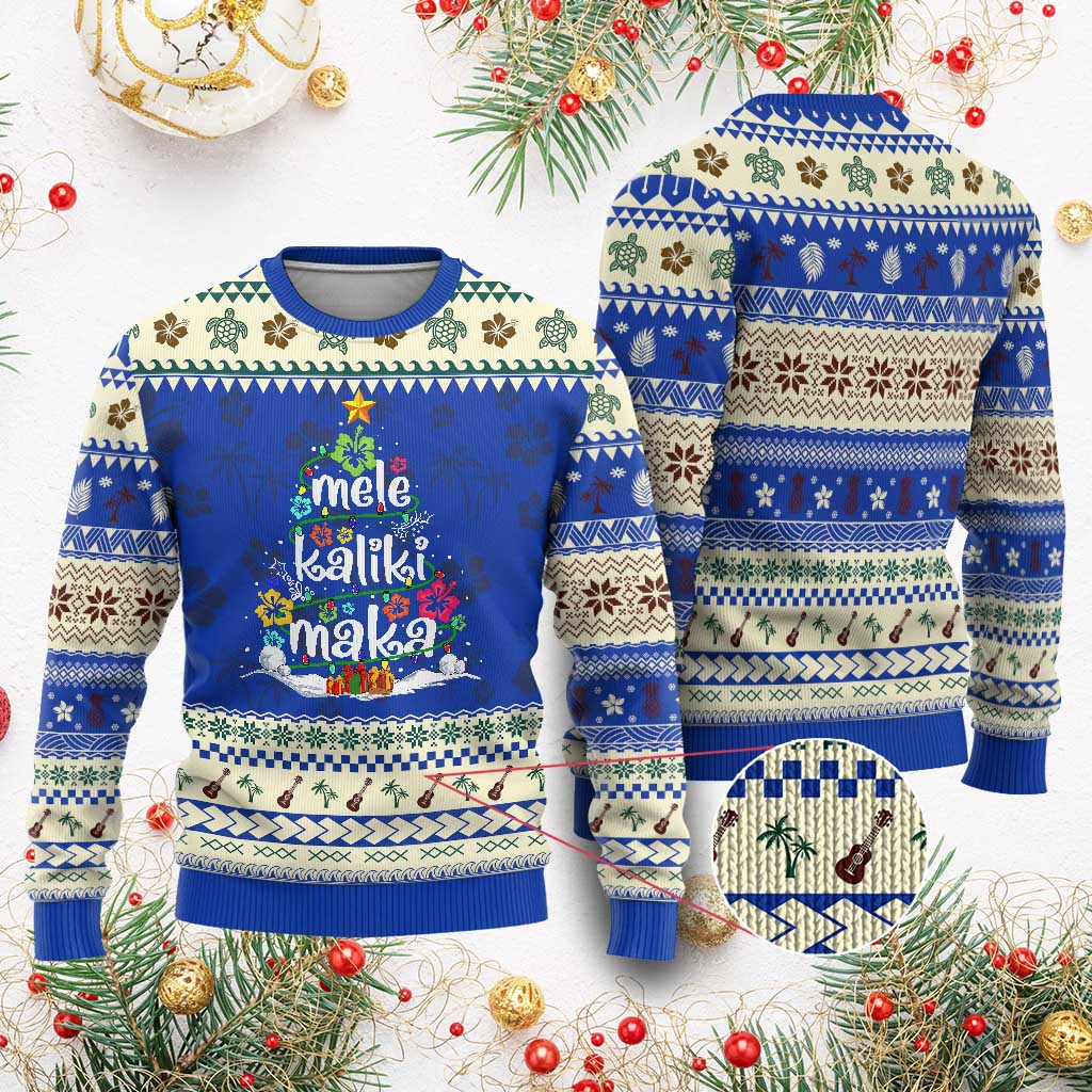 Tropical Hawaiian Xmas Ugly Christmas Sweater Mele Kalikimaka Palm Tree In Hawaii TS02 Blue Print Your Wear