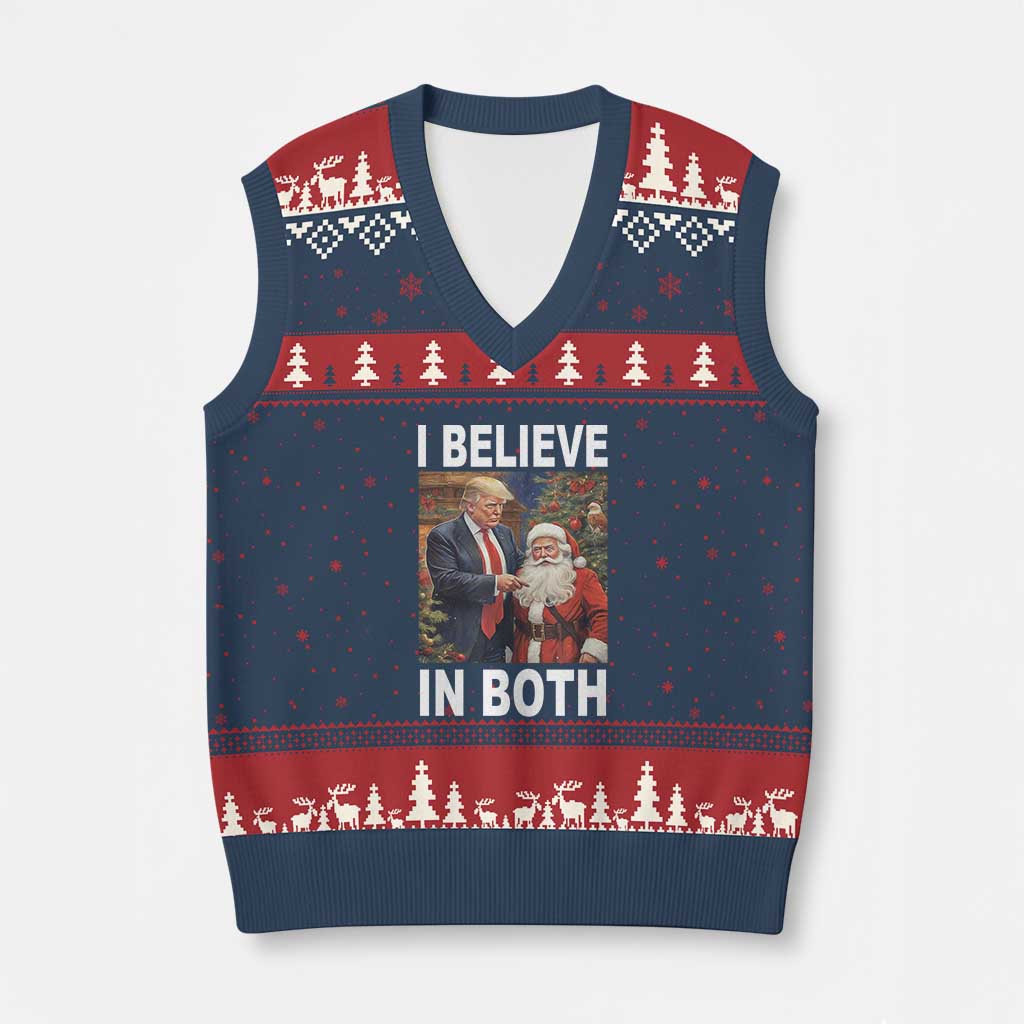 Funny Xmas Trump And Santa V-Neck Knit Sweater Vest I Believe In Both TS02 Navy Red Print Your Wear