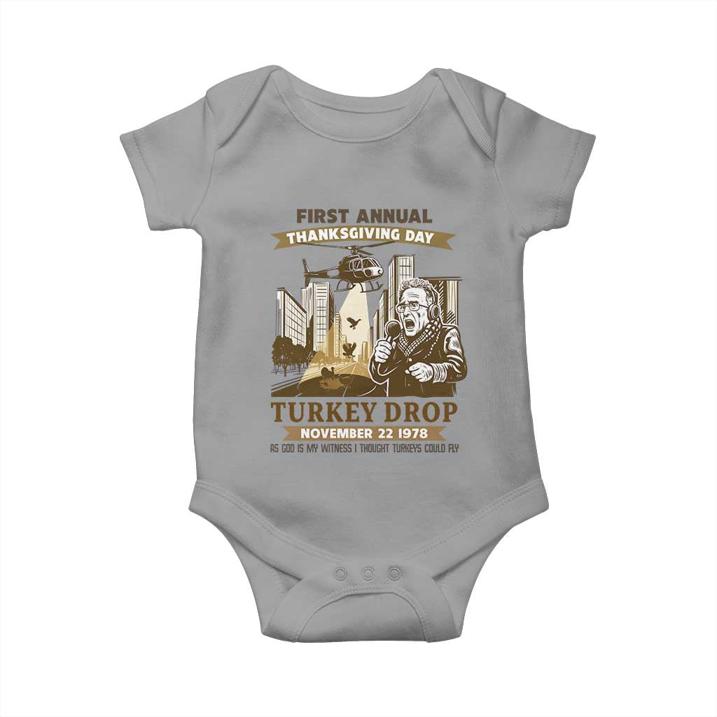 Vintage Thanksgiving Turkey Drop Baby Onesie Funny 1978 Helicopter Scene Classic TV Moment TS02 Sport Gray Print Your Wear