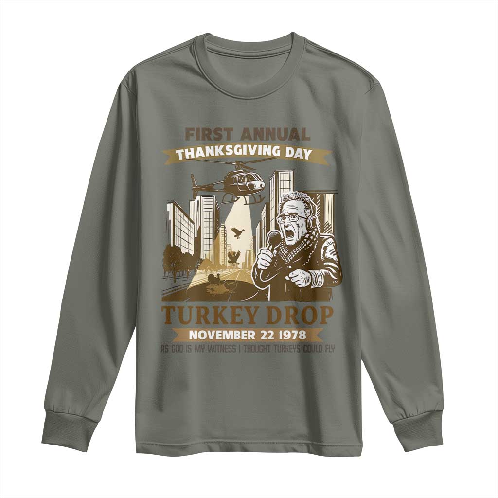 Vintage Thanksgiving Turkey Drop Long Sleeve Shirt Funny 1978 Helicopter Scene Classic TV Moment TS02 Military Green Print Your Wear