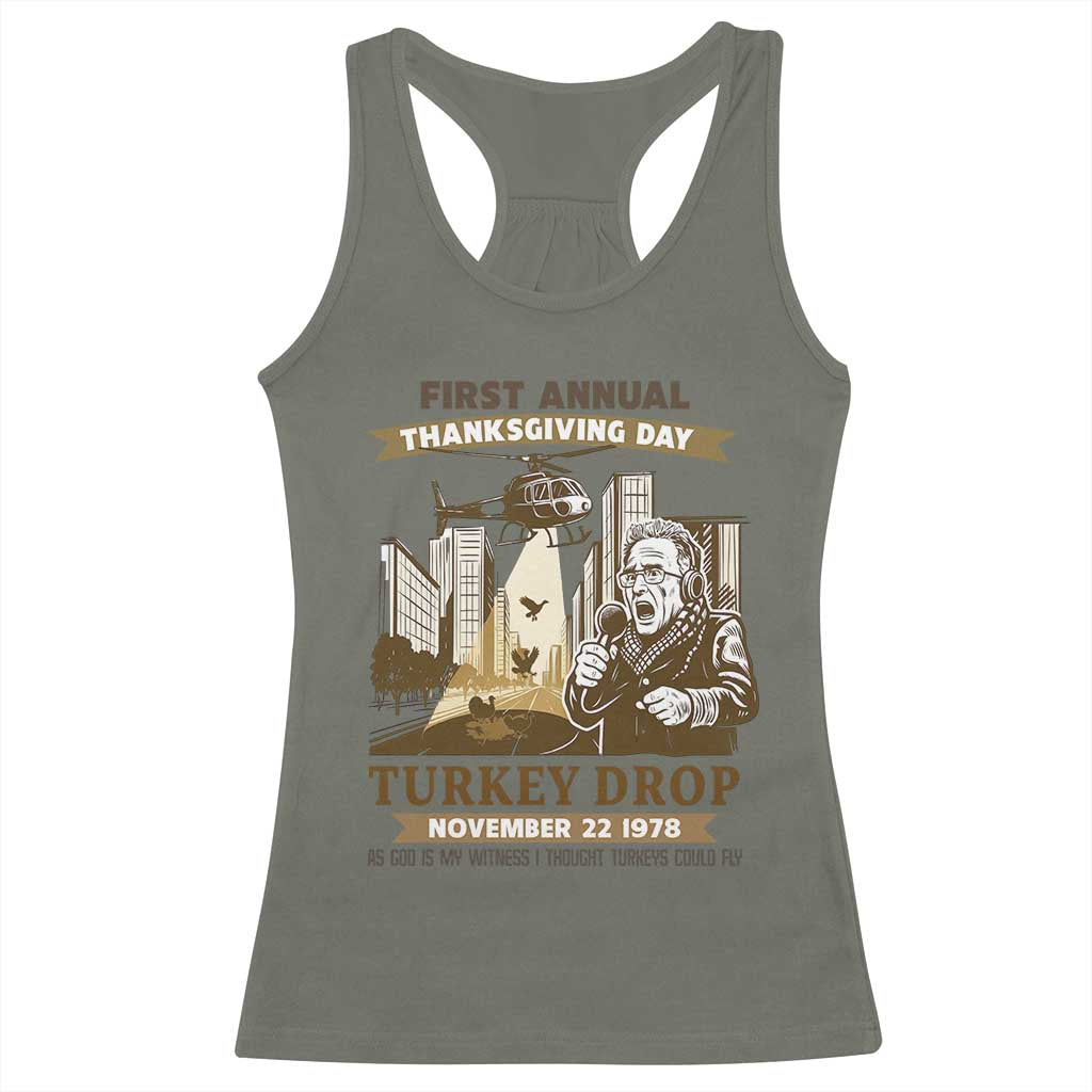 Vintage Thanksgiving Turkey Drop Racerback Tank Top Funny 1978 Helicopter Scene Classic TV Moment TS02 Military Green Print Your Wear