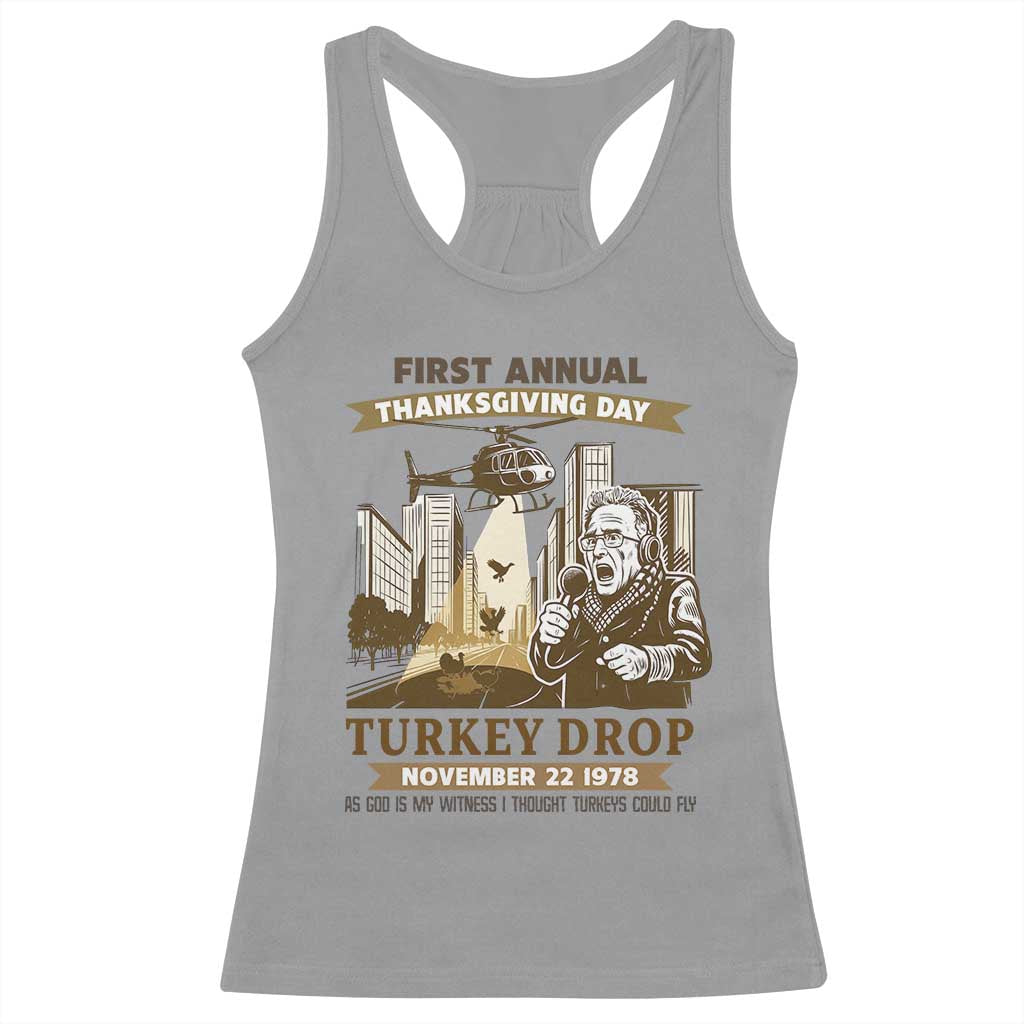 Vintage Thanksgiving Turkey Drop Racerback Tank Top Funny 1978 Helicopter Scene Classic TV Moment TS02 Sport Gray Print Your Wear