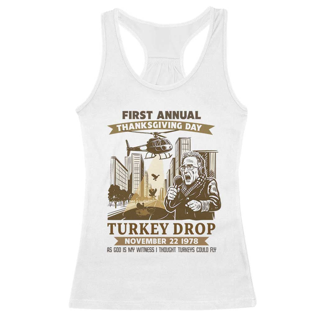 Vintage Thanksgiving Turkey Drop Racerback Tank Top Funny 1978 Helicopter Scene Classic TV Moment TS02 White Print Your Wear