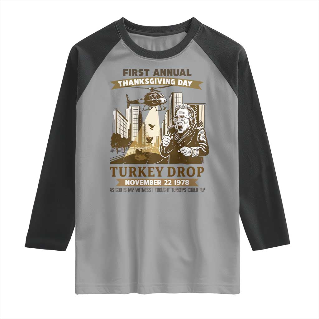 Vintage Thanksgiving Turkey Drop Raglan Shirt Funny 1978 Helicopter Scene Classic TV Moment TS02 Sport Gray Black Print Your Wear