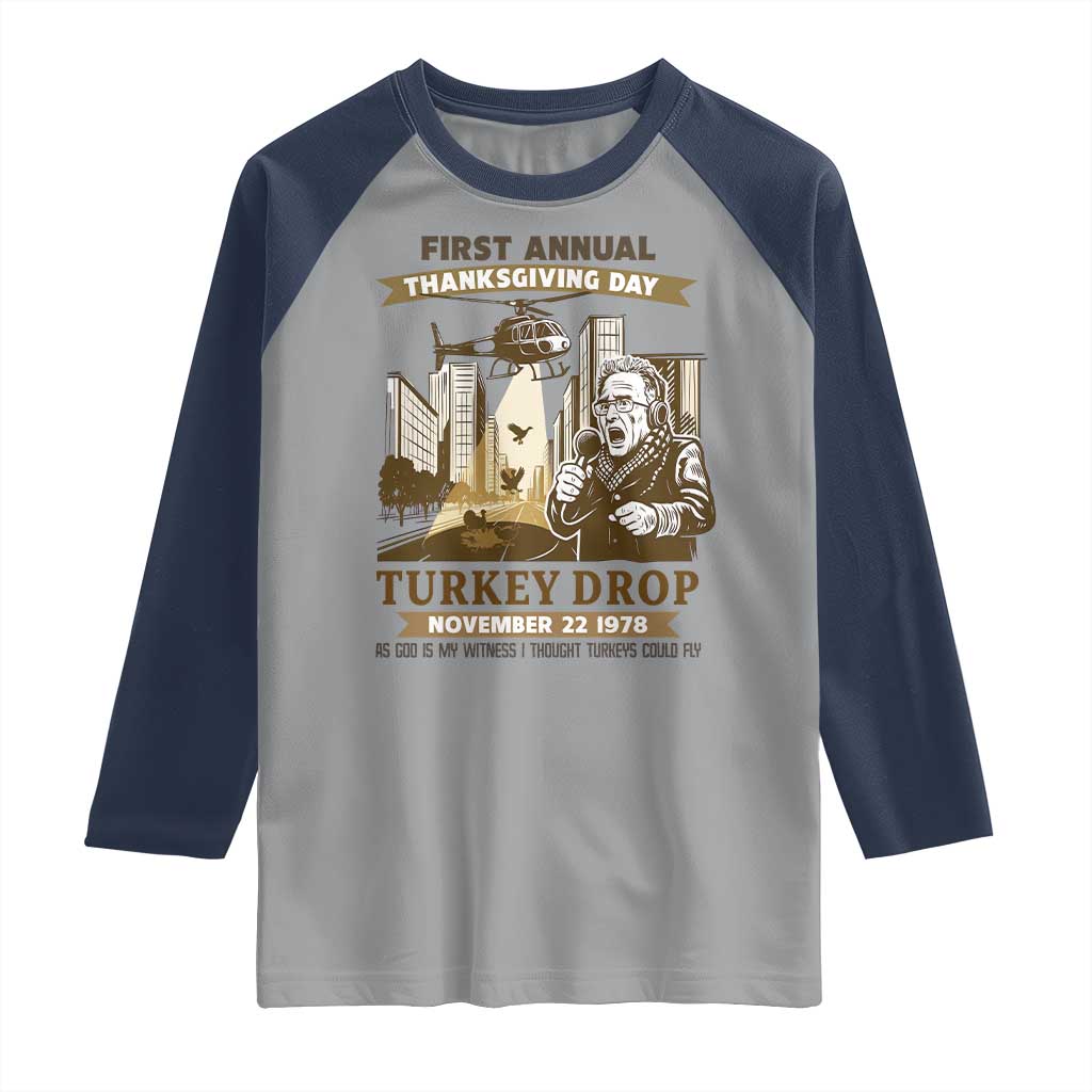 Vintage Thanksgiving Turkey Drop Raglan Shirt Funny 1978 Helicopter Scene Classic TV Moment TS02 Sport Gray Navy Print Your Wear