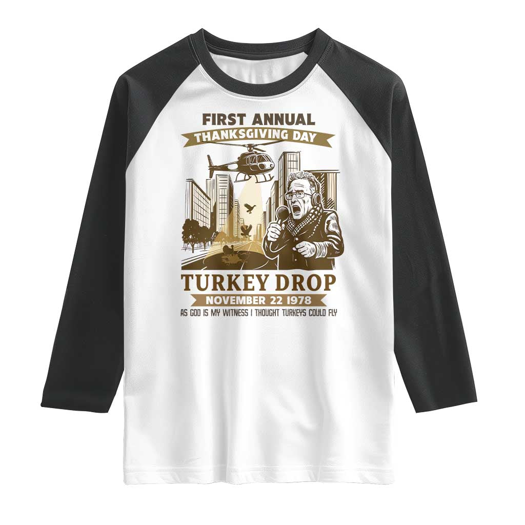 Vintage Thanksgiving Turkey Drop Raglan Shirt Funny 1978 Helicopter Scene Classic TV Moment TS02 White Black Print Your Wear