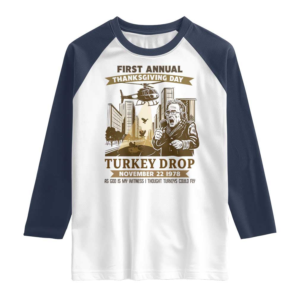 Vintage Thanksgiving Turkey Drop Raglan Shirt Funny 1978 Helicopter Scene Classic TV Moment TS02 White Navy Print Your Wear