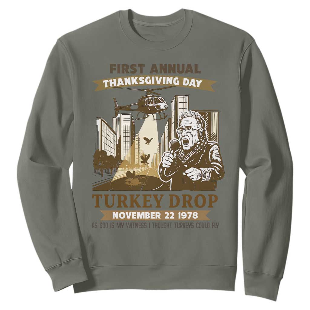 Vintage Thanksgiving Turkey Drop Sweatshirt Funny 1978 Helicopter Scene Classic TV Moment TS02 Military Green Print Your Wear