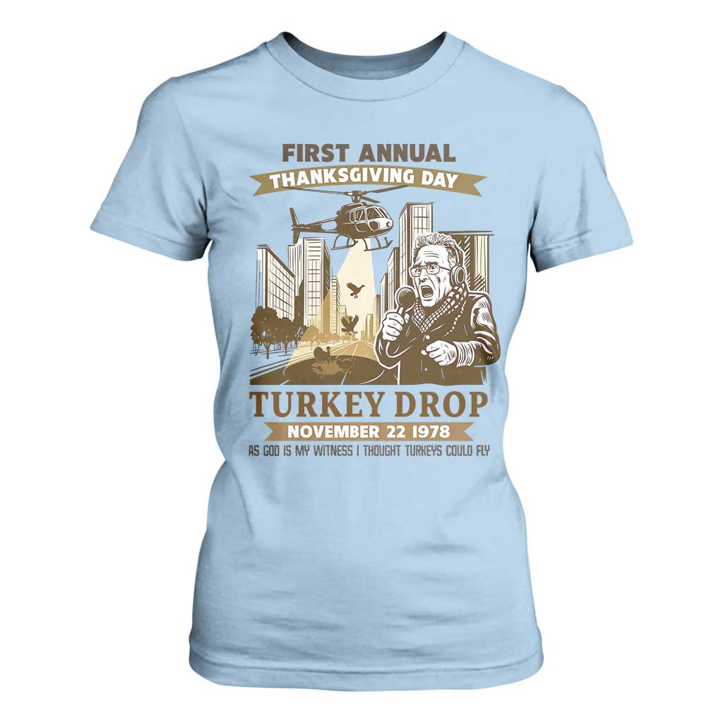 Vintage Thanksgiving Turkey Drop T Shirt For Women Funny 1978 Helicopter Scene Classic TV Moment TS02 Light Blue Print Your Wear