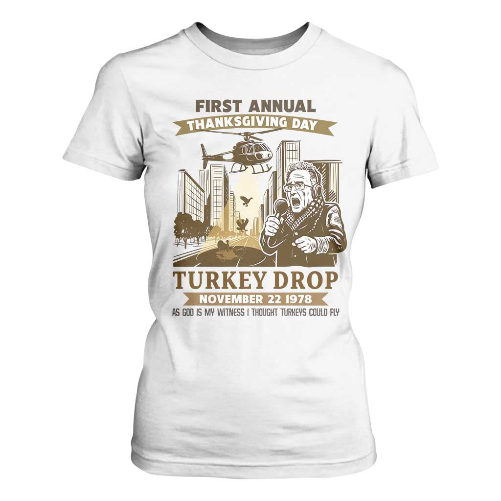 Vintage Thanksgiving Turkey Drop T Shirt For Women Funny 1978 Helicopter Scene Classic TV Moment TS02 White Print Your Wear