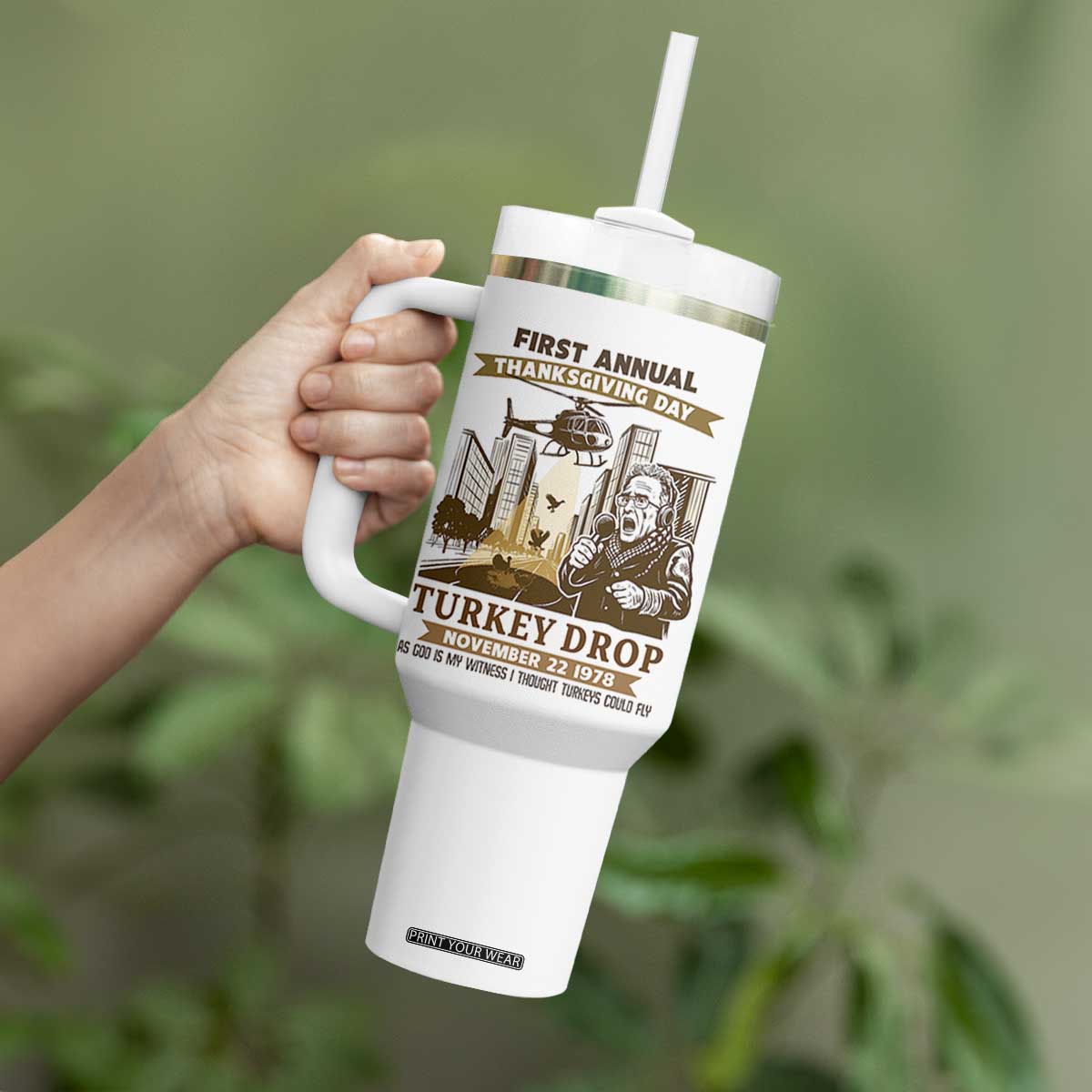 Vintage Thanksgiving Turkey Drop Tumbler With Handle Funny 1978 Helicopter Scene Classic TV Moment TS02 Print Your Wear