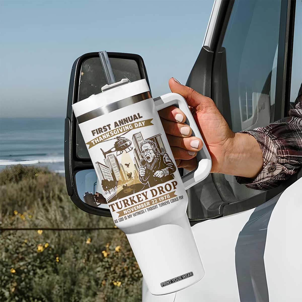 Vintage Thanksgiving Turkey Drop Tumbler With Handle Funny 1978 Helicopter Scene Classic TV Moment TS02 Print Your Wear