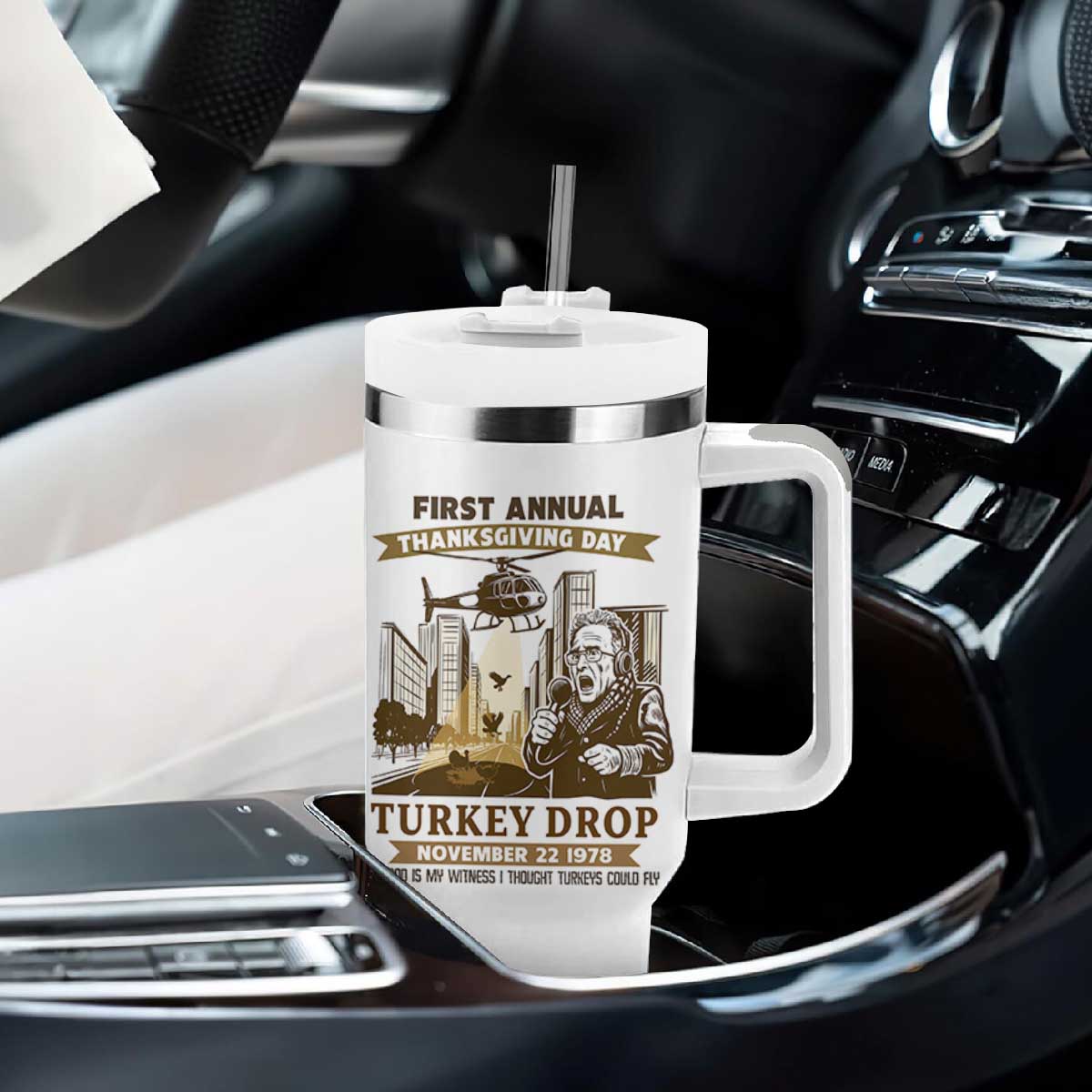 Vintage Thanksgiving Turkey Drop Tumbler With Handle Funny 1978 Helicopter Scene Classic TV Moment TS02 Print Your Wear