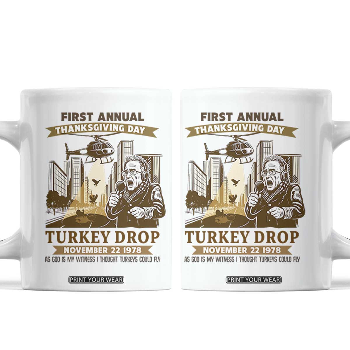 Vintage Thanksgiving Turkey Drop Coffee Mug Funny 1978 Helicopter Scene Classic TV Moment TS02 White Print Your Wear