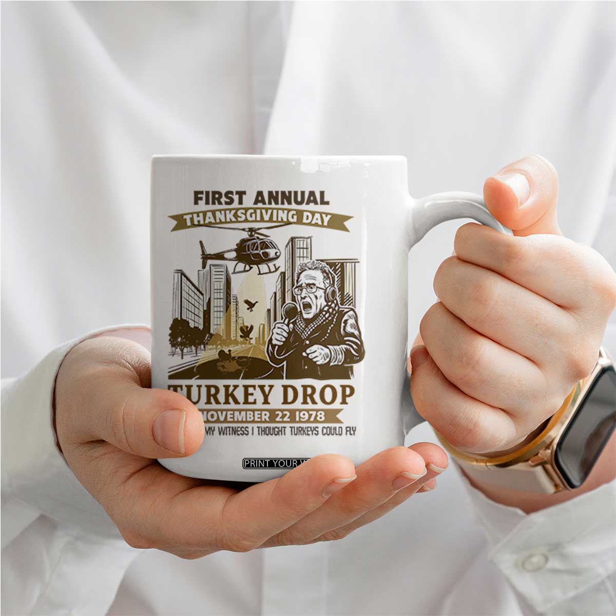 Vintage Thanksgiving Turkey Drop Coffee Mug Funny 1978 Helicopter Scene Classic TV Moment TS02 Print Your Wear