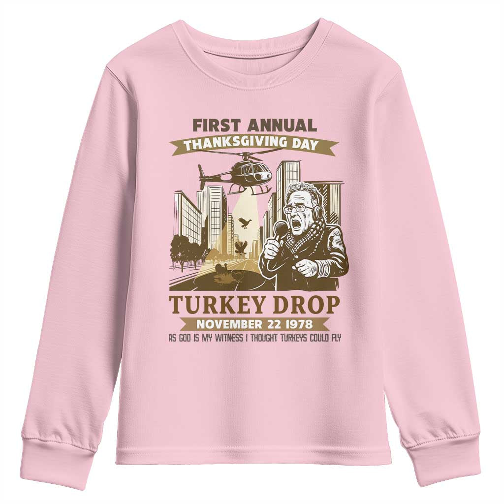 Vintage Thanksgiving Turkey Drop Youth Sweatshirt Funny 1978 Helicopter Scene Classic TV Moment TS02 Light Pink Print Your Wear