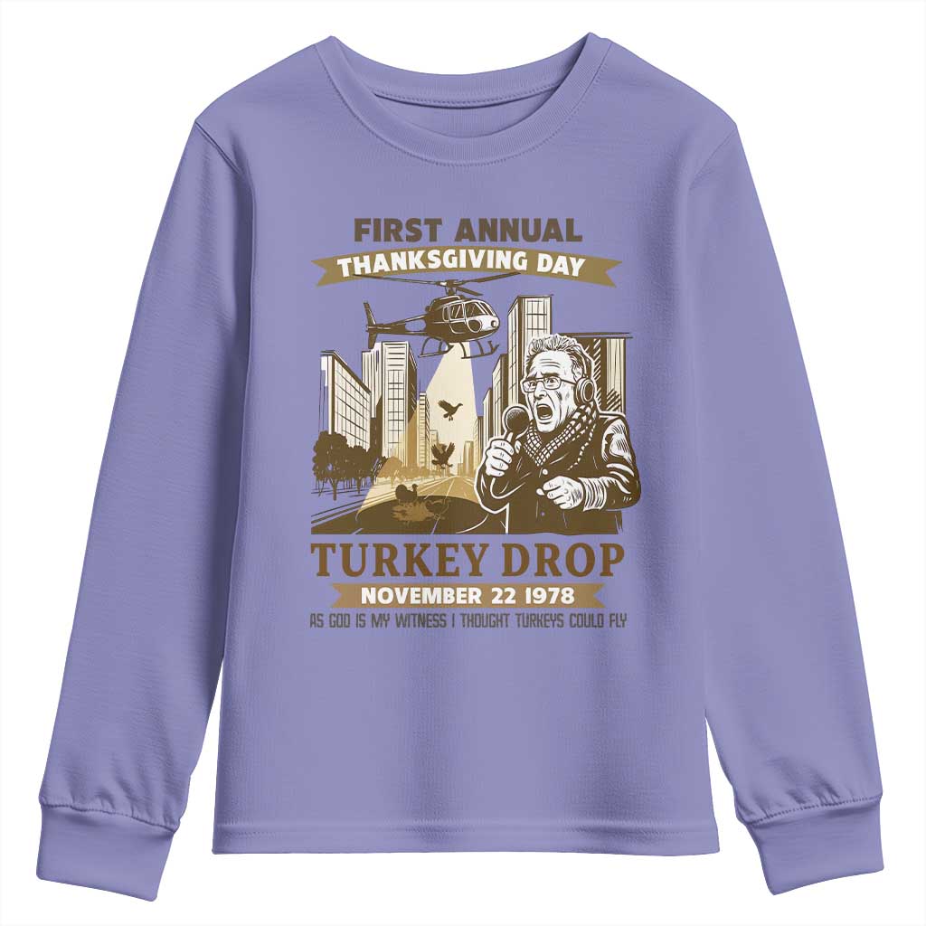 Vintage Thanksgiving Turkey Drop Youth Sweatshirt Funny 1978 Helicopter Scene Classic TV Moment TS02 Violet Print Your Wear